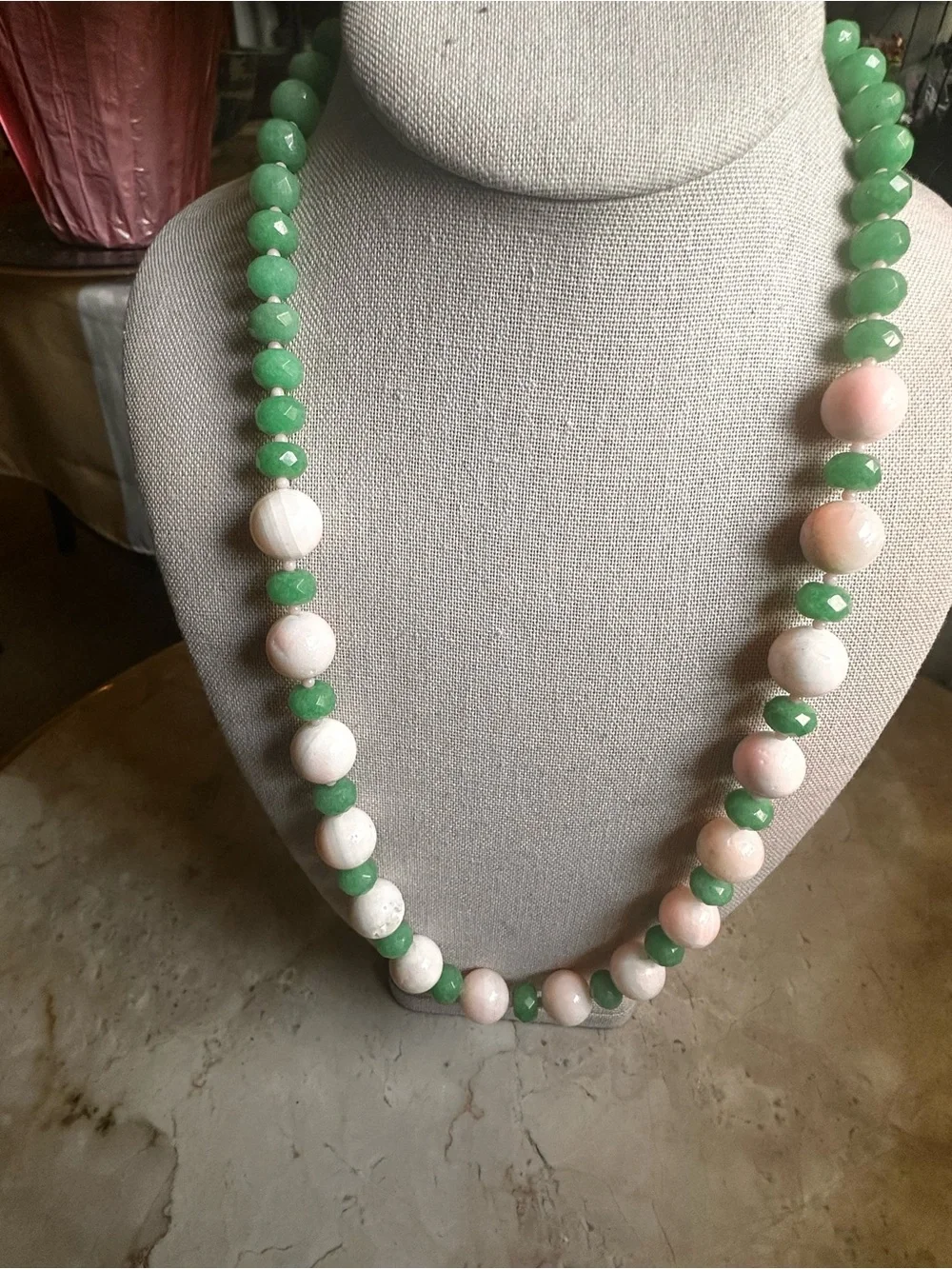 Green Genuine Jade and Pale Pink AngelSkin Coral Beaded Necklace - Women Jewelry - Picture 1 of 13